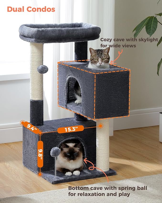 32" Cat Tree Tower for Indoor Cats - 2 Cozy Condos, Multi-Level Cat Scratching Posts with Sisal, Soft Padded Perch, 2 Dangling Toys, Dark Grey
