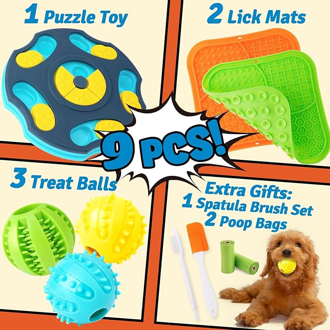 9 Pack All-Around Dog Puzzle Toy Set -Mentally Stimulating Dog Enrichment Toys for Small to Medium Smart Dogs, Includes Dog Lick Mat with Suction Cups