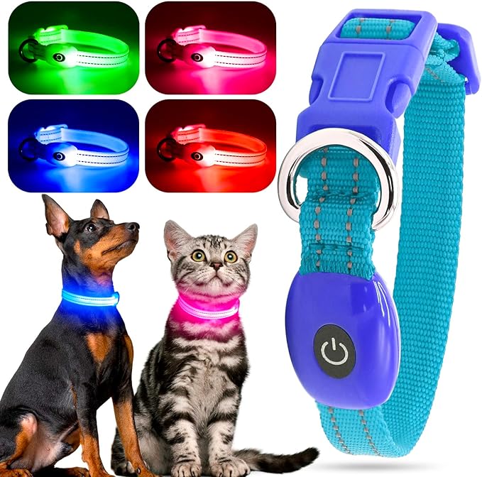 YFbrite LED Dog Collar XS, Lightweight Cat Collar Light, Comfortable Light Up Puppy Collars, USB Rechargeable Adjustable Puppy Walking Safety Light (Blue, XS)
