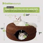 Cattasaurus Peekaboo Cat Cave for Multiple & Large Cats Up to 30-45 Lbs, Scratch Detachable & Washable Tunnel Bed, Comfy Donut Cat Cave (Brown, Large)
