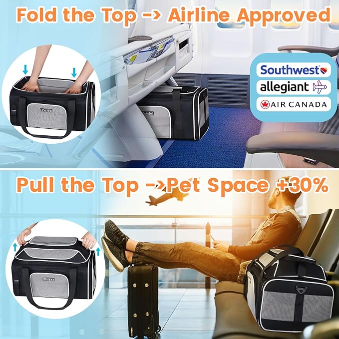 Petskd Top-Expandable Pet Carrier 19x13x9 Inches Southwest Allegiant Airlines Approved, Soft-Sided Carrier for Small Dog Under 12 lbs and Large Cat Under 15 lbs(Black)