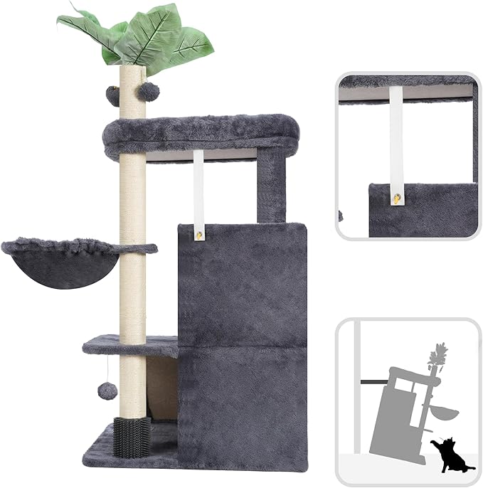 Cat Tree for Indoor Cats Large Adult, Heavy Duty Cat Tower for Big Cats, Cat Tree House with Self Groomer Brush, Big Padded Top Perch, Scratching Post, Hammock, Smoky Gray GCT012G