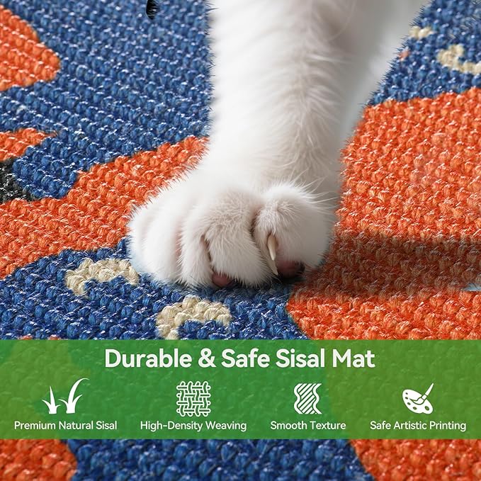 3-in-1 Sisal Cat Scratcher Mat 23.6x15.7'' Protects Carpet Couch & Furniture with Sticker Tape, Floor & Wall Cat Scratching Pad, Anti-Slip, Durable for Indoor Outdoor Cats (Vivid Orange)