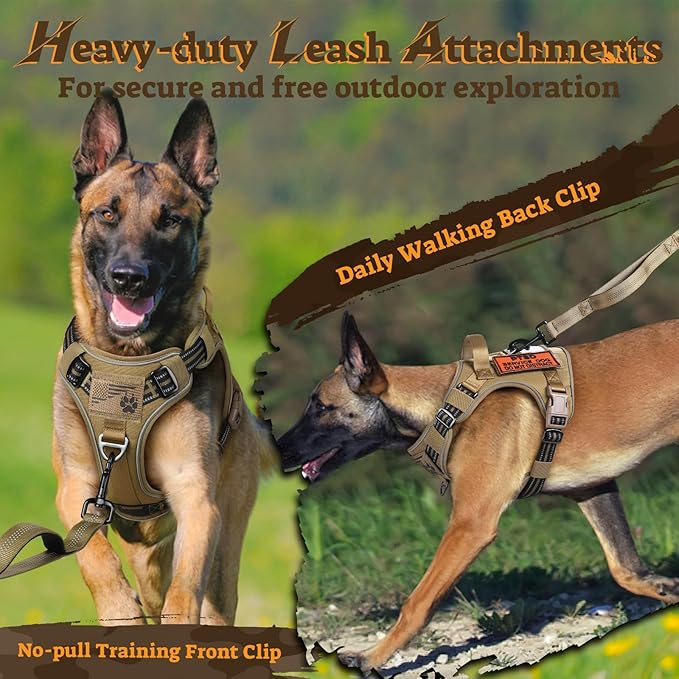 rabbitgoo Dog Harness for Large Dogs No Pull, Tactical Service Pet Vest with Molle and Control Handle, Adjustable and Reflective Military Harness for Easy Walking and Training, Brown, L