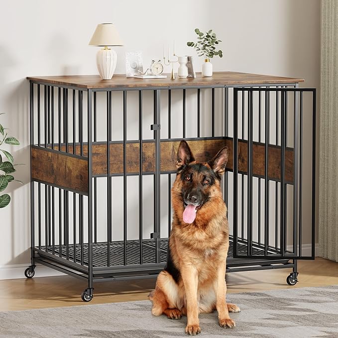 Dog Crate Furniture for Extra Large Dogs, 47 Inch Indoor Kennel, Wooden Pet Cage Decorative Corner End Table with Caster Wheels & Double Removable Tray,Rustic Brown