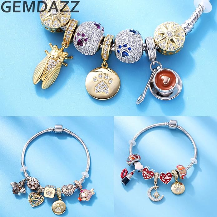 GEMDAZZ Sparkling Puppy Paw Print Charms in 925 Sterling Silver, Pave Dog Pawprint CZ Round Beads and Always in My Heart Charms, Gift for Animal Lover, fit European Women Bracelet/Necklace