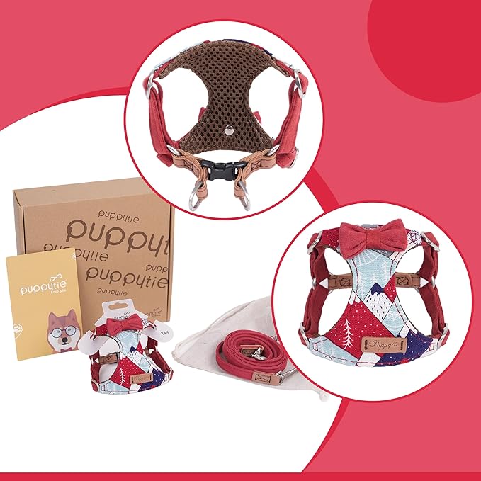 Puppytie No Pull xs Dog Harness with Multifunction Dog Leash,Soft Adjustable No Choke Escape Proof Pet Harness Vest,Suede Bow red,XS