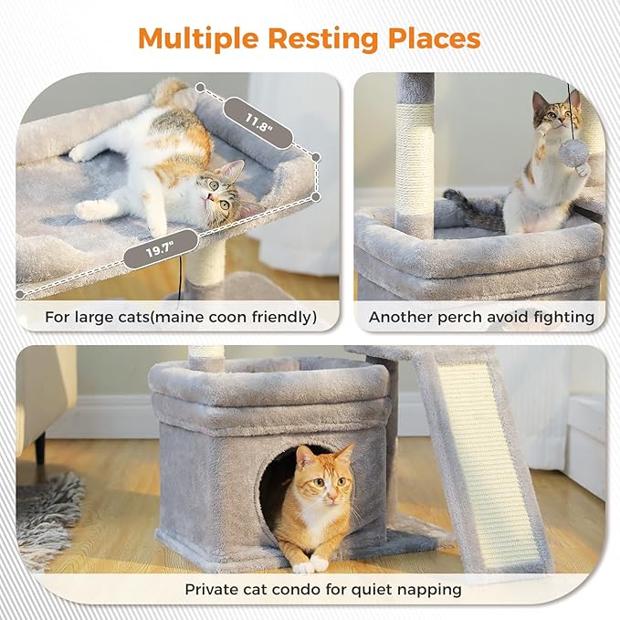 PEQULTI Small Cat Tree Tower for Large Adult Cats with Wide Top Perch, Private Cat Condo and Sisal Scratching Post&Pad for Indoor Cats, Gray