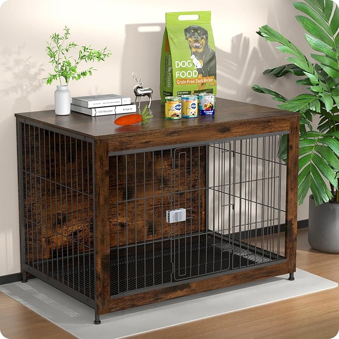 Dog Crate Furniture, Wooden Dog Crate 43in, Decorative Cage with End Table for Dog Indoor Kennel, High Anxiety Dog, Escape-Proof Locks for All Breeds