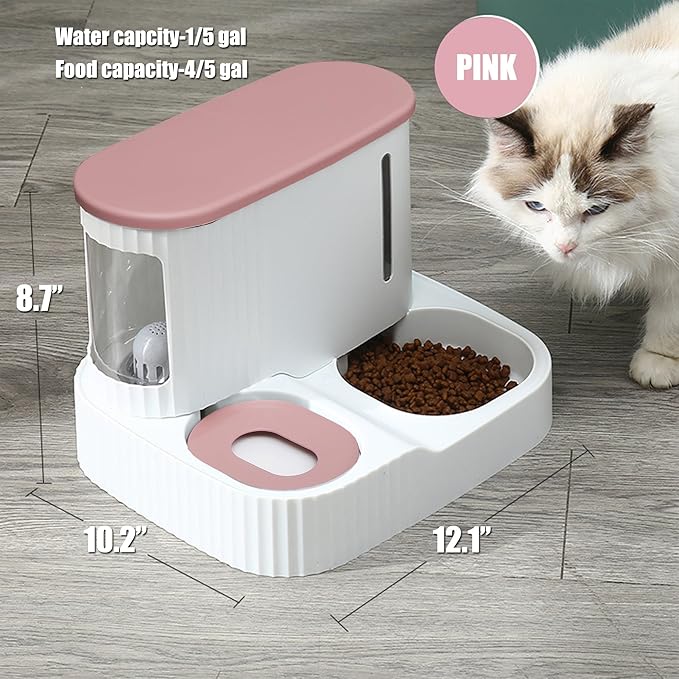 Automatic Cat Feeder,Gravity Auto Timed Pet Dry Food Self Feeding Container Dishes Bowl and Water Dispenser Fountain for Dog Puppy Kitten Kit Set Integrated 2 in 1 Continuous Tray(Pink)