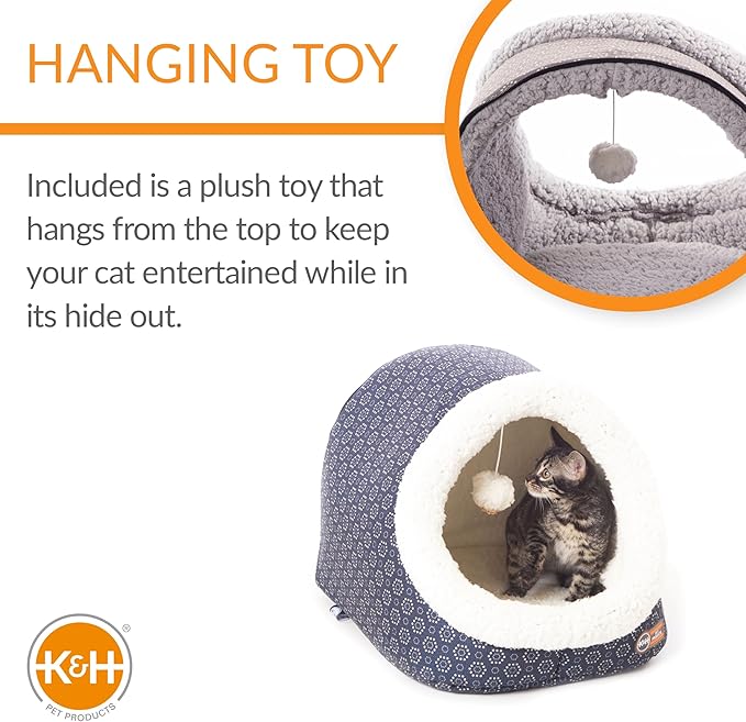 K&H Pet Products Thermo-Pet Cave Heated Cat Bed - Navy/Geo Flower 17 X 15 X 13 Inches