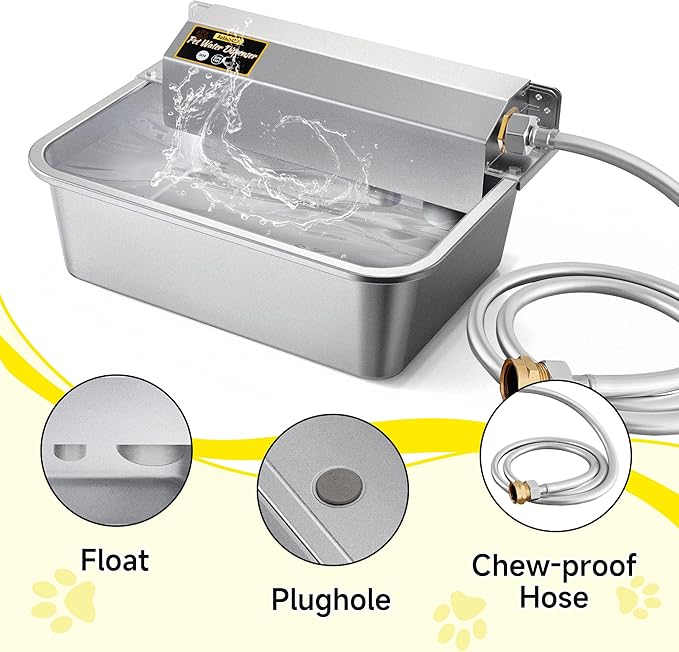 Automatic Dog Water Dispenser, 2 Gallons 304 Stainless Steel Large Dog Water Bowl Dispenser for Indoor/Outdoor, Pet & Livestock Water Feeder, Auto Fill, Fits GHT 3/4" Faucet, Easy to Clean