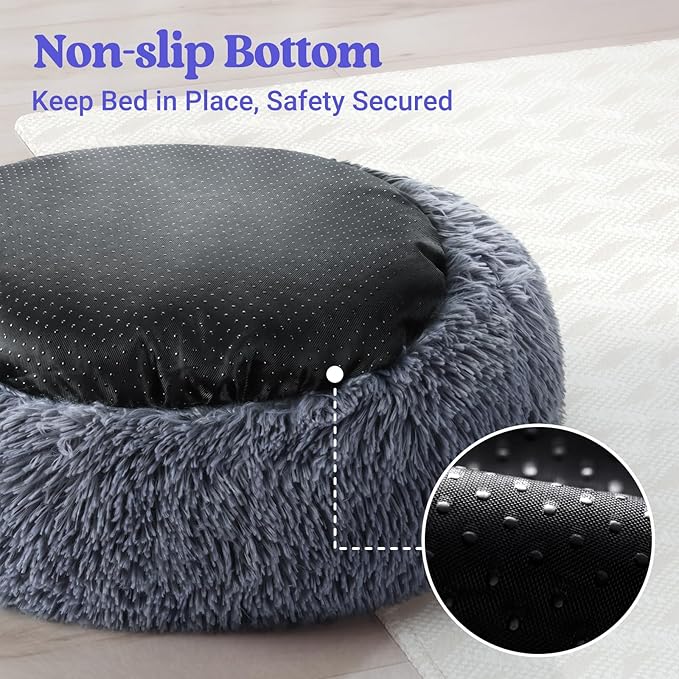 rabbitgoo Calming Dog Bed for Small Medium Dog, 27 inches Pet Bed Machine Washable, Non-Slip Round Fluffy Plush Faux Fur Dog Bed, Soft Donut Cuddler Cushion for Small Dog, Dark Grey