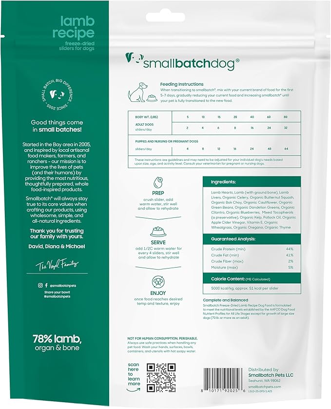 smallbatch Pets Freeze Dried Raw Dog Food, Lamb Recipe, 25 oz, Organic High Protein Dog Food, Grain Free, Made in The USA, Humanely Raised Meat, Single Protein, for Picky Eaters, Hydrate & Serve