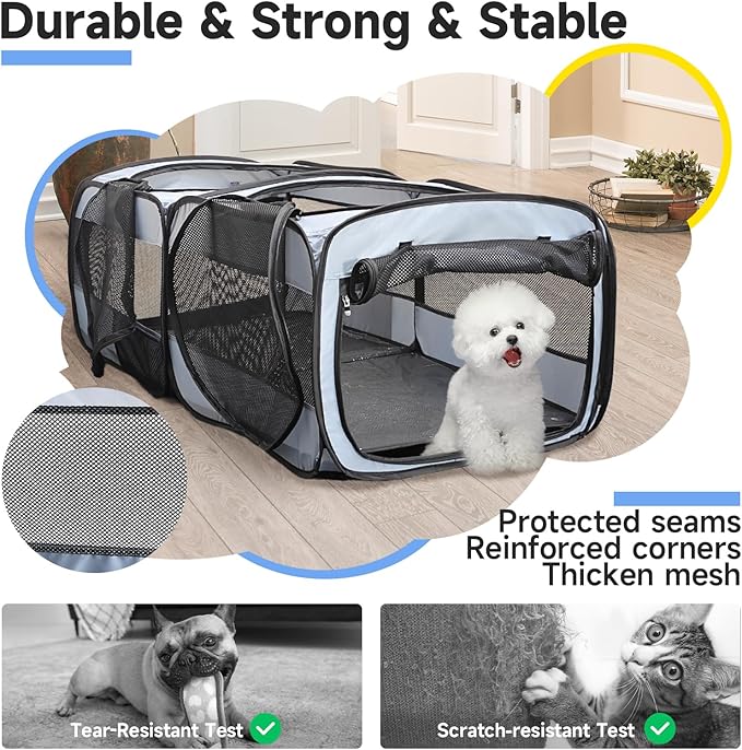 2-in-1 Dog Playpen, 46.5'' Pop Up Cat Puppy Pet Playpens Indoor/Outdoor Cats Enclosed, Cat Dog Tent Crate Cage Kennel, Portable Playpen for Kitten, Small Animals Play Pen(No Divider, Unified Space)