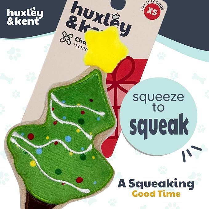 Huxley & Kent Funny Dog Toy w/Squeaker – Holiday Power Plush Squeaky Dog Toys for Small Dogs – Durable Small Stuffed Animal for Indoor Play & Fetch - Tiny Tuff Christmas Tree Cookie