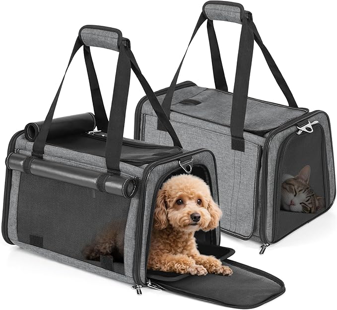 YUDODO 2 Packs 25 lbs Lightproof Soft Sided Pet Carrier for Large Cat & Small Dog Airline Approved Travel Bag Puppy Carriers with Side Pockets & Reflective Mesh, Foldable Portable for Car 2 Grey Green