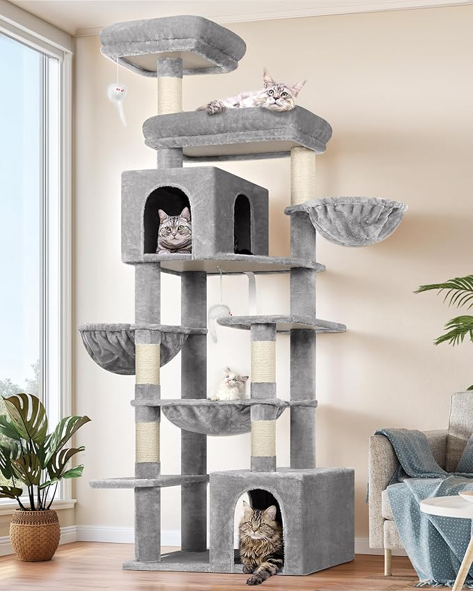 Globlazer Tall Cat Tower, 76 inch Multiple Level Cat Climbers for Indoor Cats, XL Cat Tree with 5 Scratching Posts, 2 Cat Condos, Hammock, 2 Hanging Baskets, F76B, Light Grey