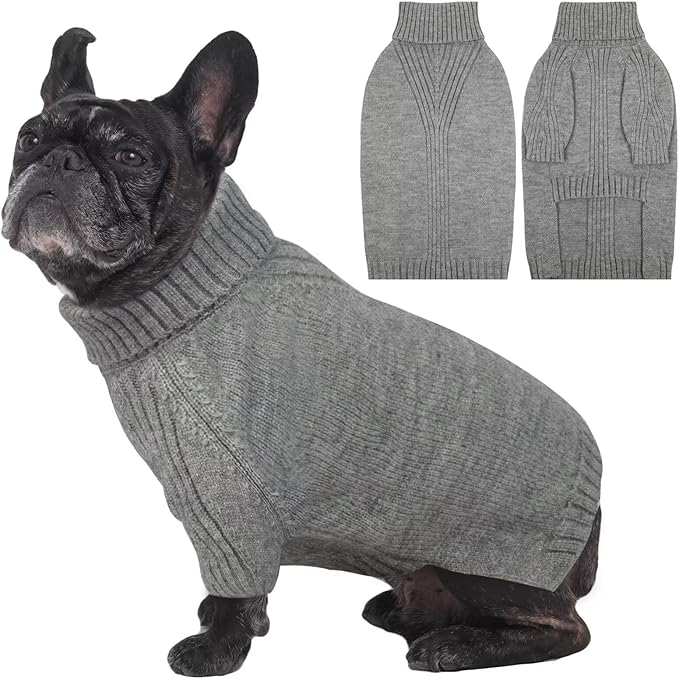 IECOii Dog Sweaters For Medium Dogs Girl Boy,Holiday Knit Doggy Sweatshirt with Sleeve,Turtleneck Thick Warm Dog Sweaters for Winter,Pullover Knitwear for French Bulldog,Boston Terrier (Light Grey, L)