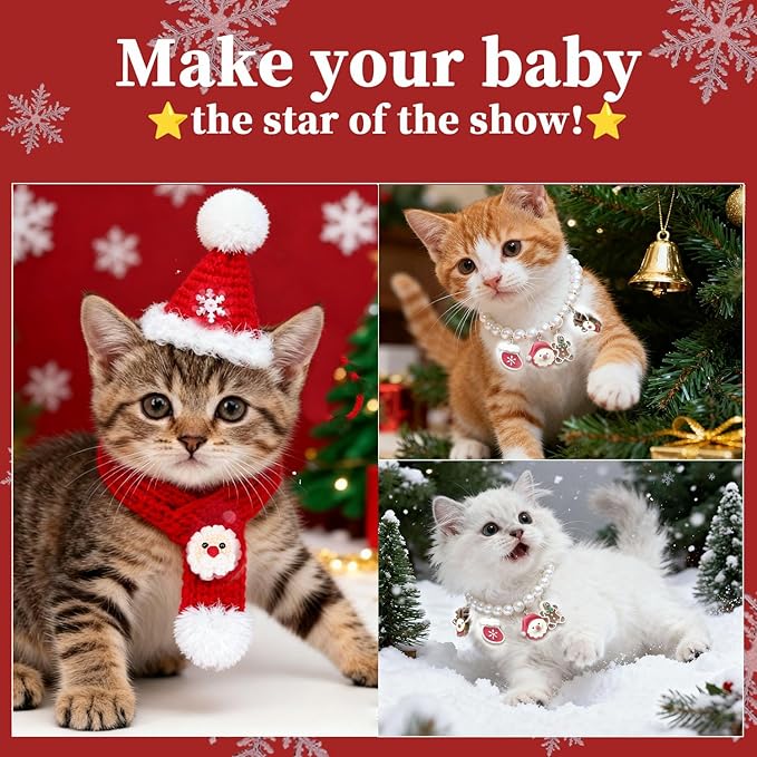 4Pcs Christmas cat Costume Accessories Set for Cats-Santa Hat, Pearl Necklace, Scarf with Gift Bag for Holiday Party Photo