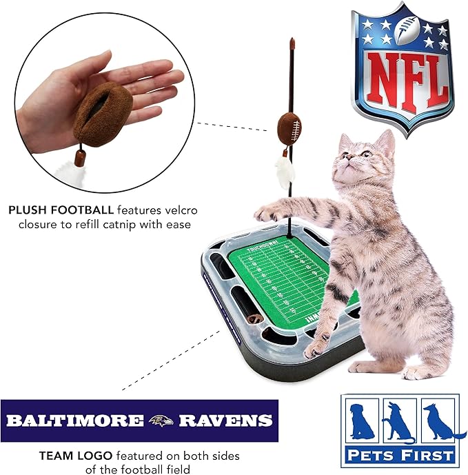 Pets First NFL BALTIMORE RAVENS FOOTBALL FIELD CAT SCRATCHER TOY with CATNIP Filled Plush FOOTBALL Toy & Feather Cat Toy hanging, with Jingle Bell INTERACTIVE BALL Cat Chasing 5-in-1 KITTY Toy