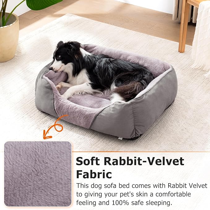 MIXJOY Dog Beds for Large Dogs, Big Dog Bed Large Size Dog Washable, Orthopedic Calming Soft Pet Beds Cuddler, Rectangle Sleeping Rabbit-Velvet Cozy Puppy Bed with Anti-Slip Bottom (35x25in, Grey)