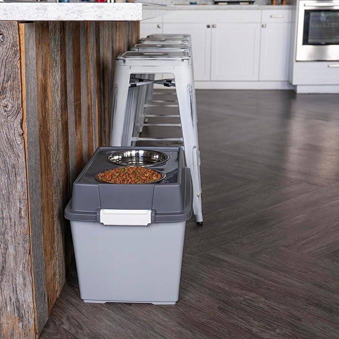 IRIS USA Elevated Dog Bowls, 15" H Raised Bowl for Large Dogs, Airtight Pet Food Storage Holds Up to 47 Lbs, 2 Removable 64 oz Stainless Steel Bowls, at Home or Camping, Dark Gray
