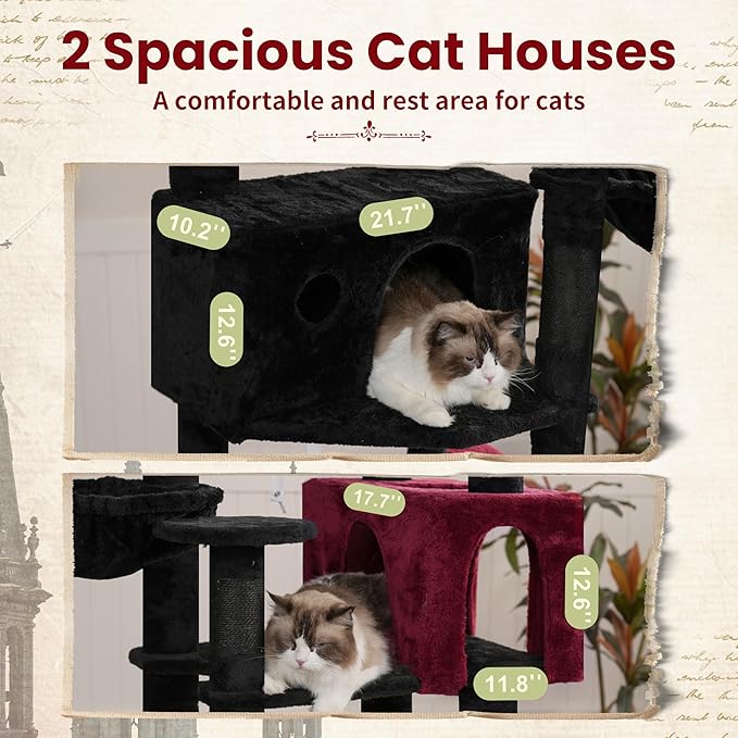 80.7''(205cm) Cat Tree for Indoor Cats, Large Cat Tower for Multi Adult Cats, Cat Tree House with Big Hammock, 2 Top Perches/Cat Condos/Baskets, 8 Scratching Posts, Black(Gothic) GCT034BR