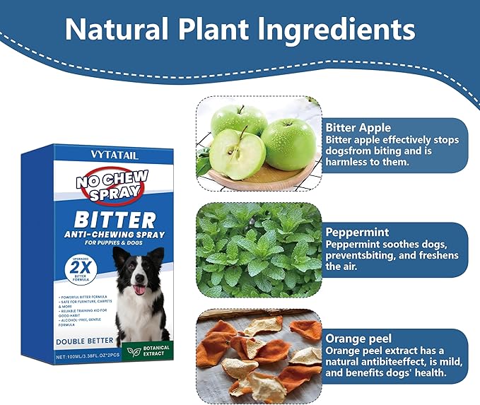 No Chew Spray for Dogs, No Chew Deterrent to Stop Chewing Furniture & Licking Hot Spots, Natural & Alcohol-Free, Indoor/Outdoor Use (2 X 3.38 fl oz)