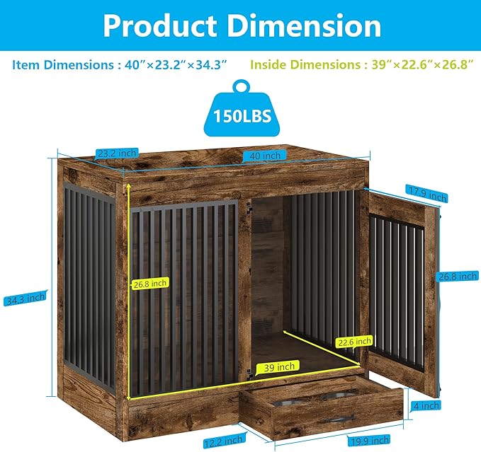 Rustic Brown Heavy Duty Furniture Dog Crate, Wood and Metal Kennel Cage, Pet House End Table with Drawer and Pull-Out Design, Dog Home for Indoor use, Large Size