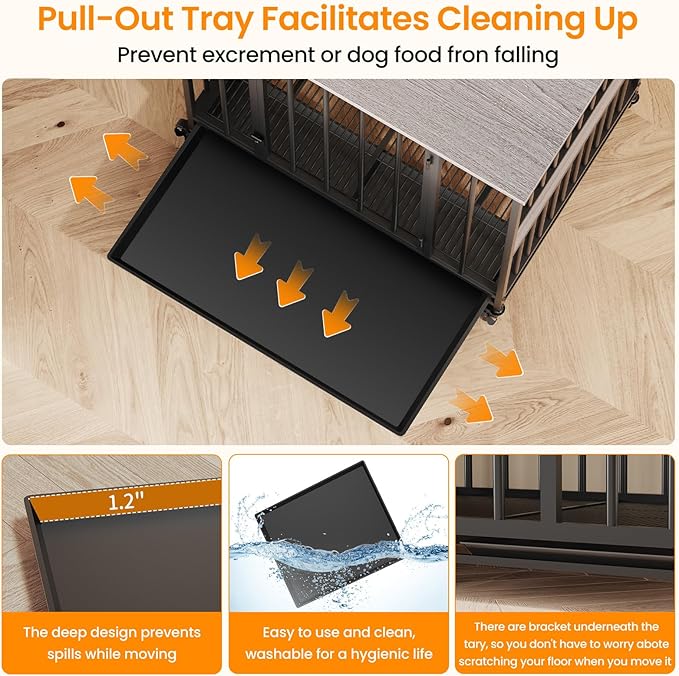 Dog Crate Furniture for Small Dogs, 31 Inch Indoor Puppy Kennel, Wooden Pet Cage Decorative Corner End Table with Caster Wheels & Removable Tray, Greige