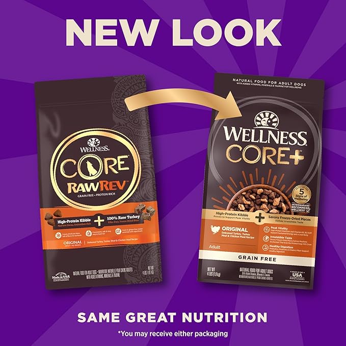 Wellness CORE+ (Formerly RawRev) Natural Grain Free Dry Dog Food, Original Turkey & Chicken with Freeze Dried Turkey, 4-Pound Bag