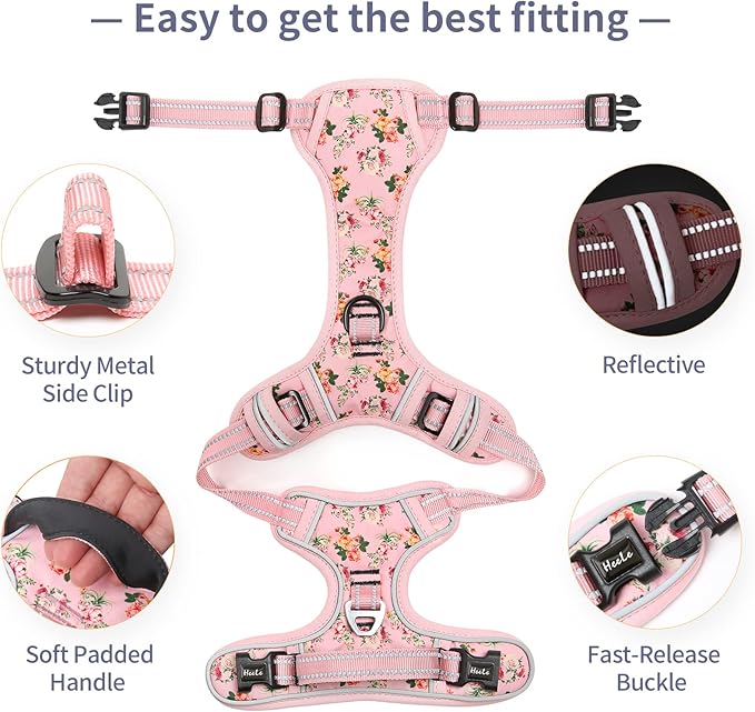 HEELE Dog Harness, No Pull Adjustable Padded Reflective Harness for Small Medium Large Dogs with Handle for Walking Training, Flower-Pink, L
