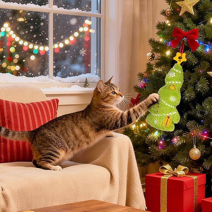 Retro Shaw Christmas Cat Toys, Kitty Xmas Catnip Toys 15.5 Inches Christmas Tree with Crinkle Sound, Safe Kitten Teeth Cleaning Toy, Interactive Kitty Kicker Toy