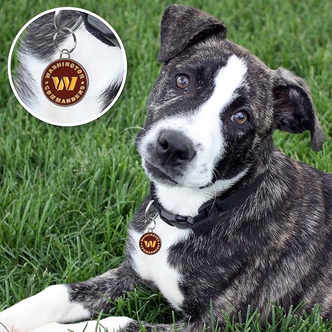 NFL Washington Commanders Engraving Pet ID Tags in 32 Team Logo Shapes Personalized Dog Tags and Cat Tags with 3 Lines of Customizable Text for Tracking & Safety. Stainless Steel Pet ID Tracking Tags