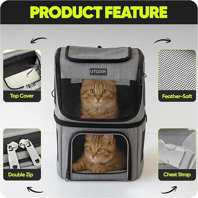 Cat Backpack Carrier for 2 Cats, Kittens or Small Dogs, Foldable & Breathable Pet Travel Bag, Cat Carrier Soft Sided & Lightweight, Holds up to 10kg, Ideal for Hiking, Camping & Picnic
