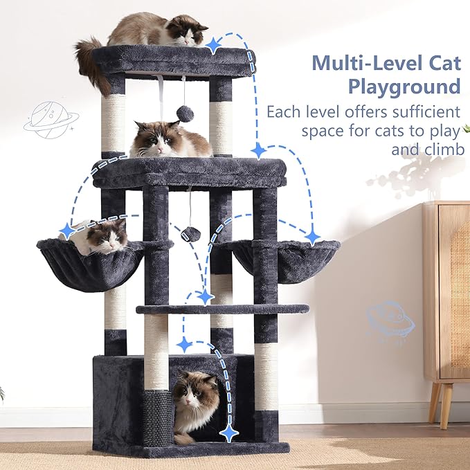 Hey-brother Cat Tree Tower, Scratching Posts with Extra Large Platform, Specious Condo, 2 Cozy Hammocks, Self-Grooming Brush for Indoor Adult Cats, Maine Coon 51.1 inches, Smoky Gray MPJ070G