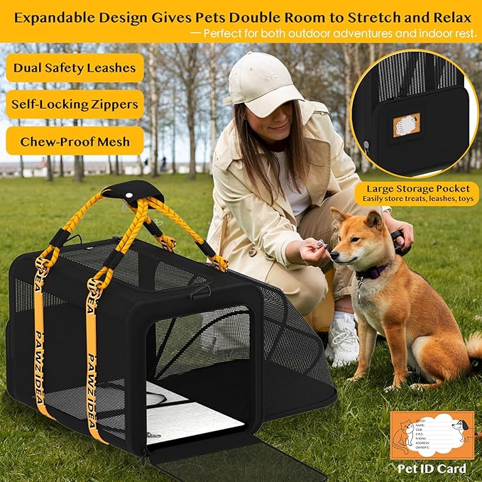 PAWZIDEA Expandable Large Pet Carrier, 24"X16"X16" Cat Carrier for 2 Cats, Collapsible Dog Travel Crate for Small Medium Dog Up 55lbs, Soft-Sided Secure Car Seat, XL Storage Pocket, ID Card, Chewproof