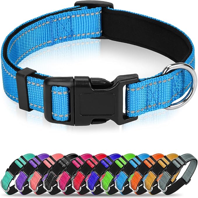 Reflective Dog Collar, Soft Neoprene Padded Nylon Pet Collar with Quick-Release Buckle, Adjustable for Large Dogs,Aqua Blue,L