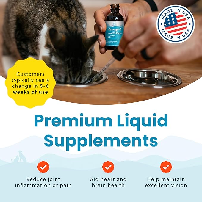 Wild-Caught Omega 3 Fish Oil for Dogs & Cats, Liquid EPA DHA Supplement for Skin, Coat, Joints & Heart, Low-Odor Omega 3 Drops for Small Dog Breeds & Cats with Itchy Skin, 2 oz