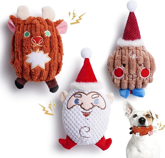 Nocciola 3 PCS Christmas Dog Toys, Santa Claus, Reindeer and Gingerbread Man Crinkle Dog Squeaky Toys, Cute Stuffed Puppy Toys,Perfect Dog Christmas Toys for Small Medium Dogs