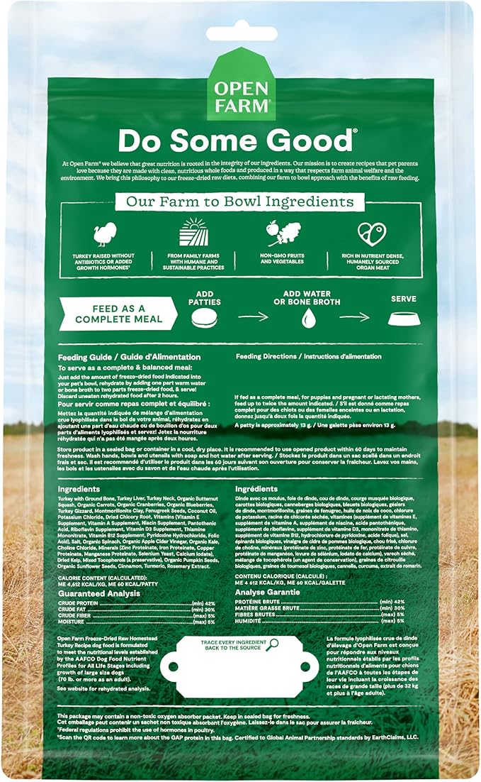 Open Farm, Freeze Dried Raw Dog Food, Patties with 95% Meat, Organs & Bone, Complete Meal or Freeze Dried Dog Food Mixer, Turkey Recipe, 17.5oz Bag