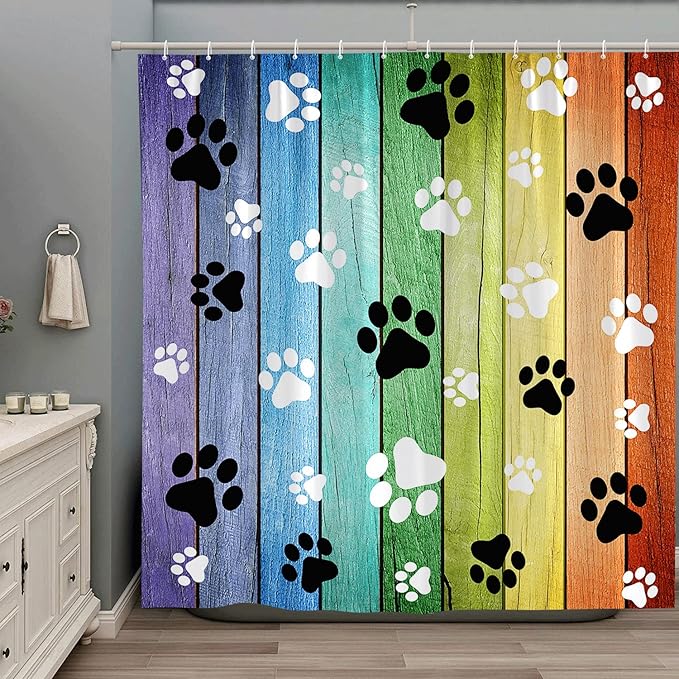 Dog Paws Shower Curtain Rustic Old Barn Wood Board Black White Cute Dogs Cat Pet Paw Abstract Animal Footprint Pattern Print Modern Bath Decor Curtains with Hooks 75Wx70H Inch