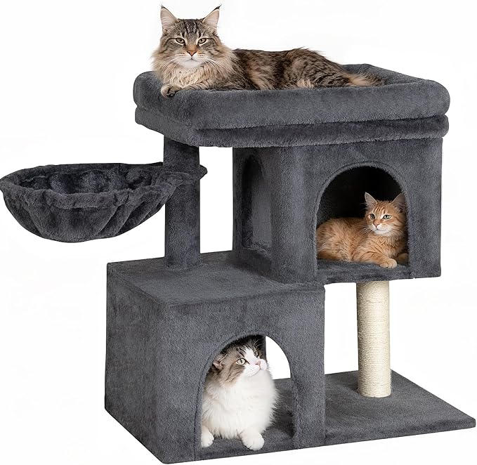 Cat Tree with Soft Top Perch, 21.6in Cat Tower with Hammock and Dual Condos, All-in-one Cat Activity Center, Dark Gray