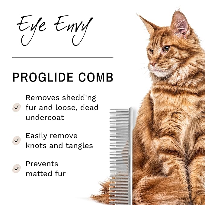 Eye Envy ProGlide Deshedding and Detangling Comb for Long-Haired Cats | Remove Undercoat, Excess Hair, Tangles & Knots | 6" Dual-Tooth Comb with Rounded Pins