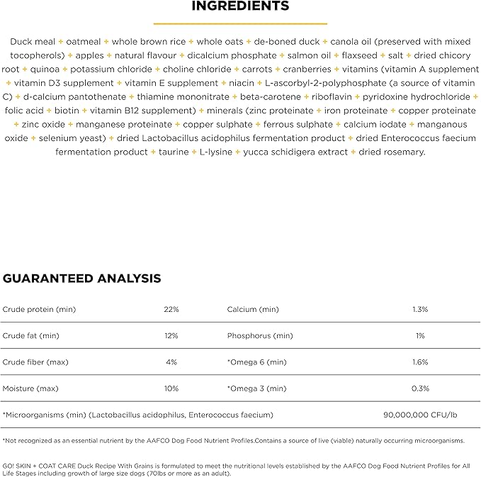 Go! Solutions Skin + Coat Care, Dry Dog Food, Duck Recipe with Grains, 12 lb Bag