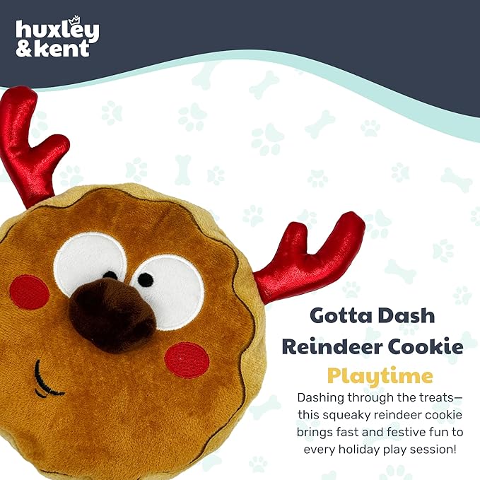 Huxley & Kent Funny Dog Toy w/Squeaker – Holiday Power Plush Squeaky Dog Toys for Small, Medium & Large Dogs – Soft Stuffed Animal for Indoor Play & Fetch - Gotta Dash Reindeer Cookie, Large
