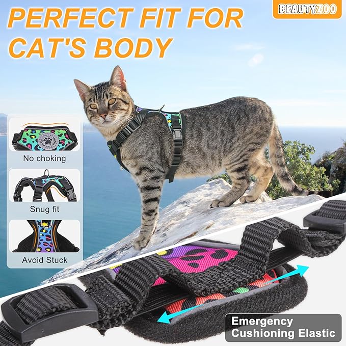 BEAUTYZOO Cat Harness and Leash Escape Proof for Walking[MAX Safety Upgrade]- Neck Release Adjustable Harness for Cats Puppy,Soft Comfortable Lightweight & Reflective Travel Kitten Harness for Outdoor
