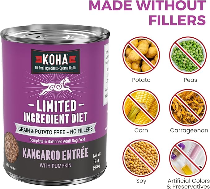 KOHA Limited Ingredient Diet Kangaroo Entrée for Dogs - Grain Free Wet Dog Food with No Fillers - Sesnsitive Stomach Kangaroo Dog Food - 13 oz Pack of 12