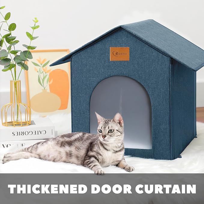 Outdoor Cat House Feral Cat Shelter,Outside Waterproof Cat House for Outdoor/Indoor Cats, Insulated Cat Bed for All Seasons with Cozy Cushion Easy to Assemble (Navy Blue, Floor Spike Style)